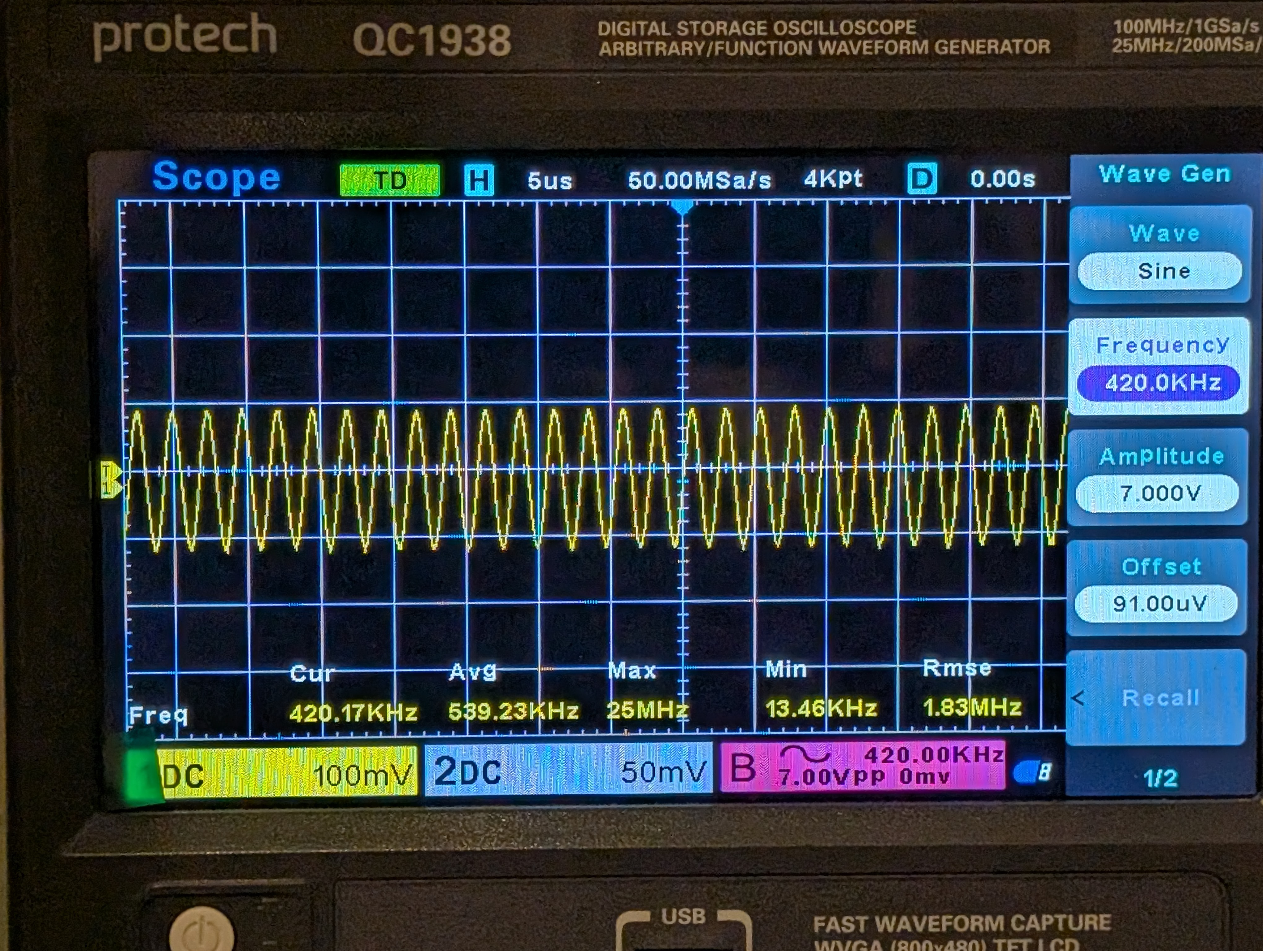 Oscilloscope reading at 420 kHz showing below-resonance response