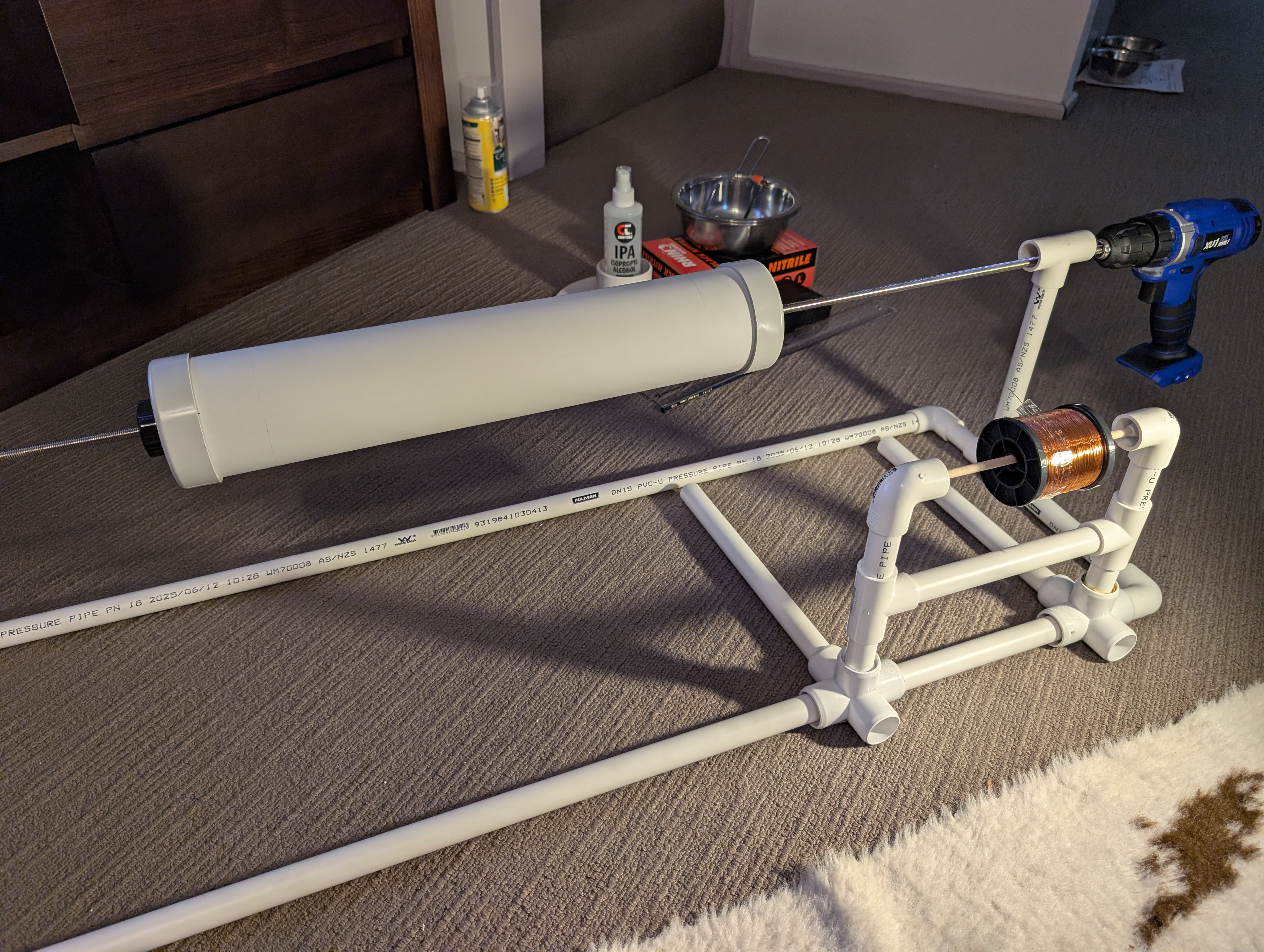 80mm PVC pipe mounted on winding rig made from PVC pipe